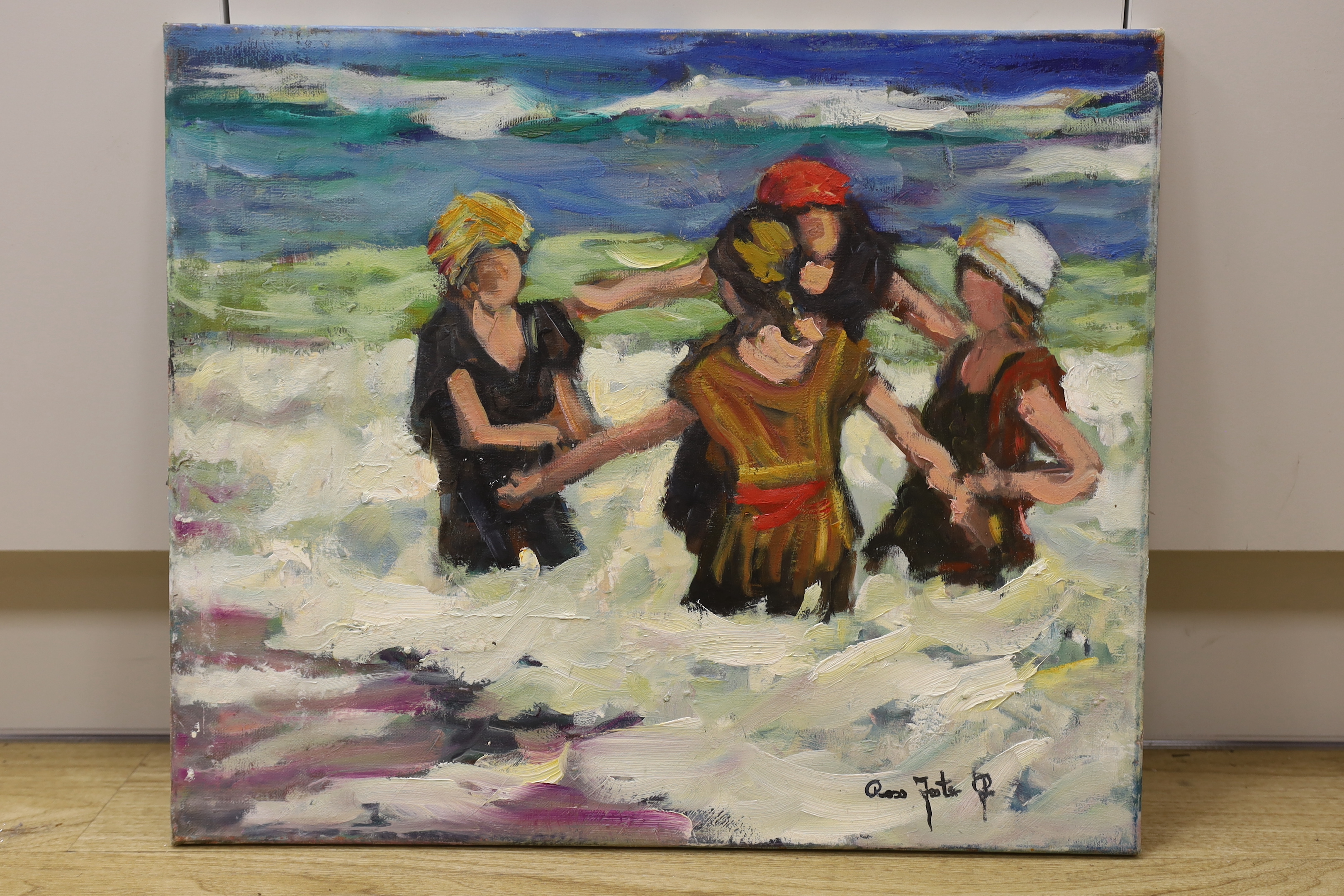 Ross Foster (Contemporary), oil on canvas, Women amongst the waves, signed, 46 x 55cm, unframed